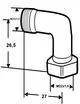 Winkelanschluss in grafischer Darstellung, erkennbar durch Gewinde und hexagonale Verbindung. Herstellermarke: IMI Hydronic Engineering.